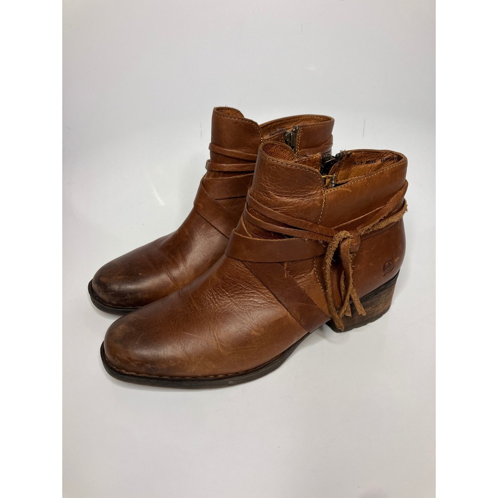 Born Ankle Booties Women 8 Brown Leather Strappy Zip Block Heel BR0014202 tassel